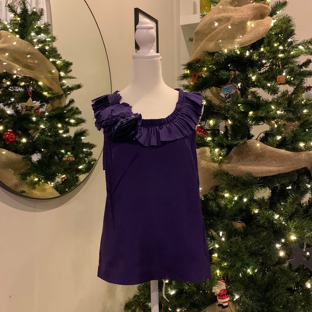 J. Crew 100% Silk Indigo Purple Ruffle Neck Top Blouse
